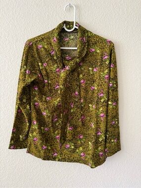 Vintage Women's Olive Green Floral Tie-Neck Blouse